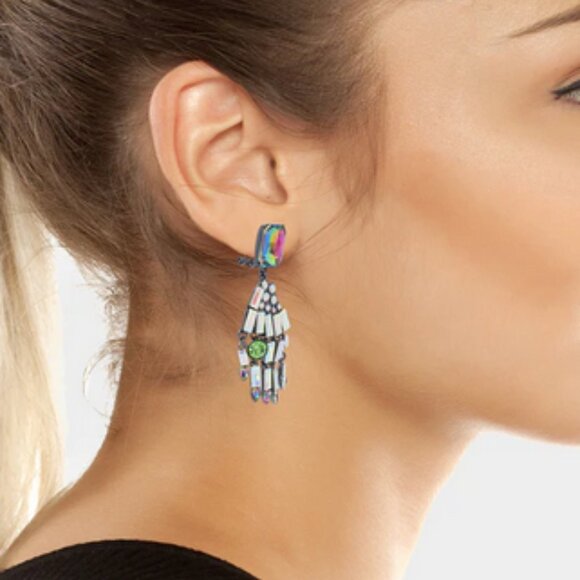 Betsey Johnson Ghoul Friends Skeleton Hand Drop Earrings rhinestones NWT - Picture 2 of 8